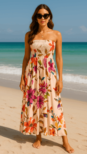 STRAPLEZ - GİPELİ - DİZALTI YIRTMAÇLI - SOLEYLİ ELBİSE - SUMMER